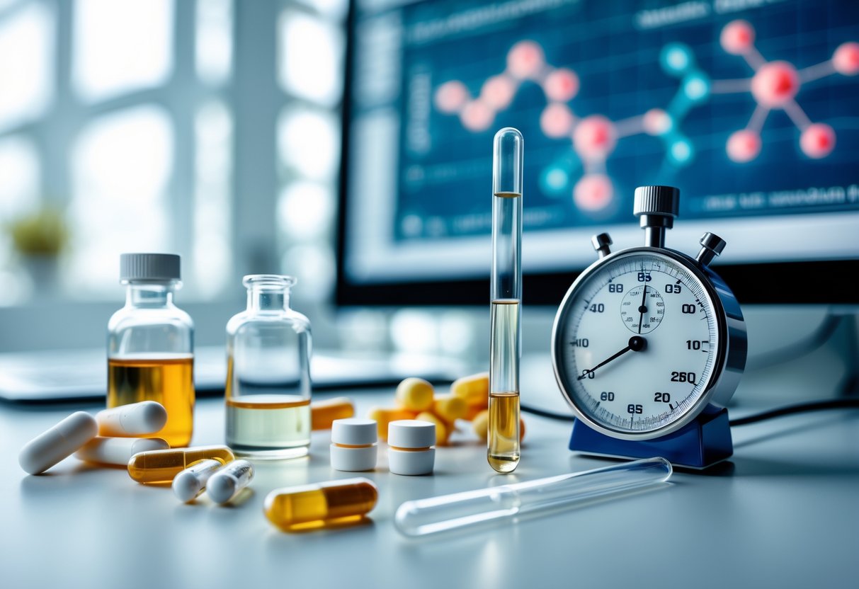 A laboratory scene showing various drug forms like pills, capsules, a vial, and a glass pipe next to a digital stopwatch, with scientific charts visible in the background.